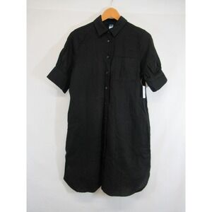 NEW Old Navy Linen Blend Shirt Dress Women Small Black Short Sleeve Pocket